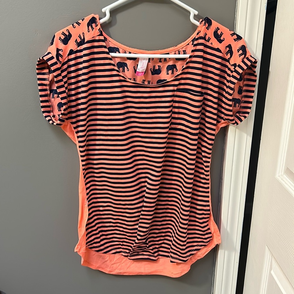 Coral and navy stripe and elephant print top